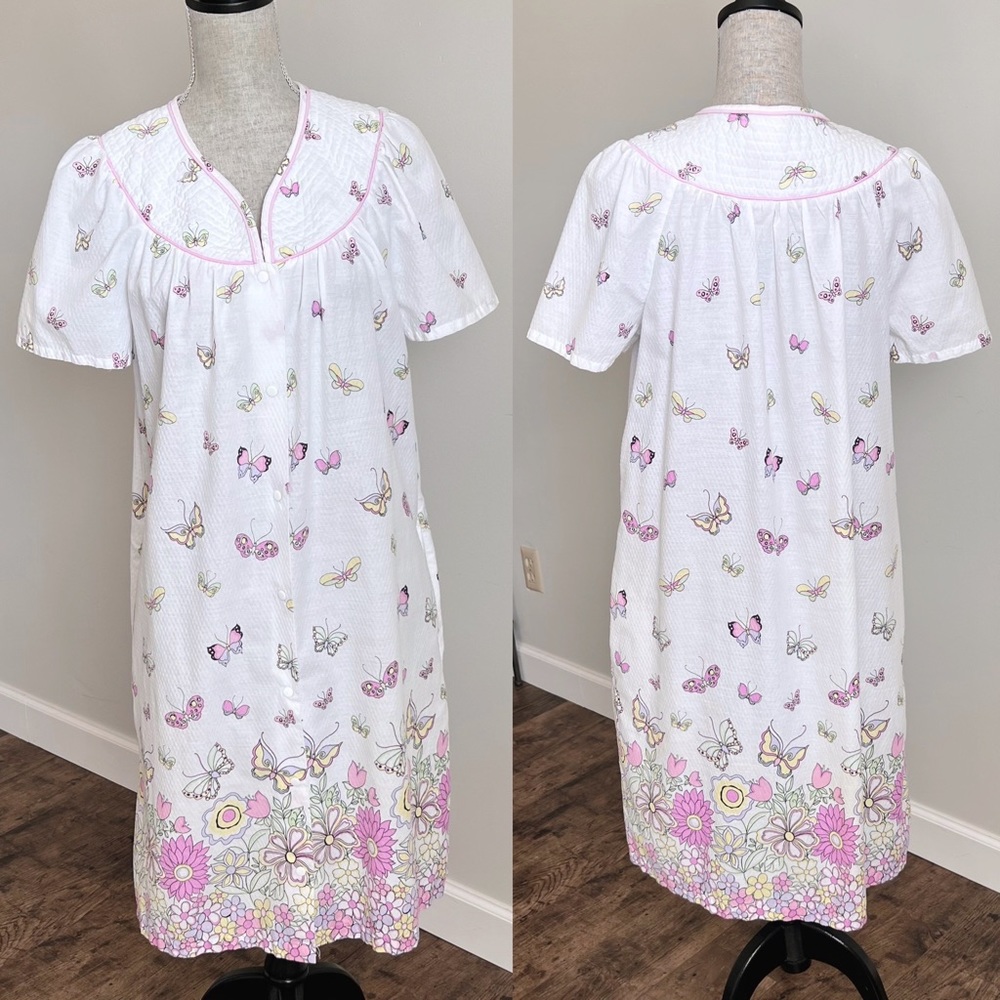 Butterfly Housecoat Snap Front Nightgown Pajama Lounge Dress White Pink Small - Picture 4 of 12